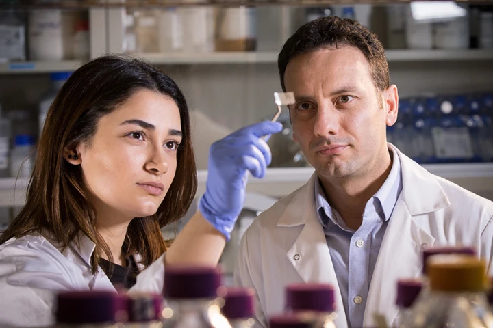 Research assistant Hanie Yousefi (left) and assistant professor Tohid Didar, with a Sentinel Wrap patch