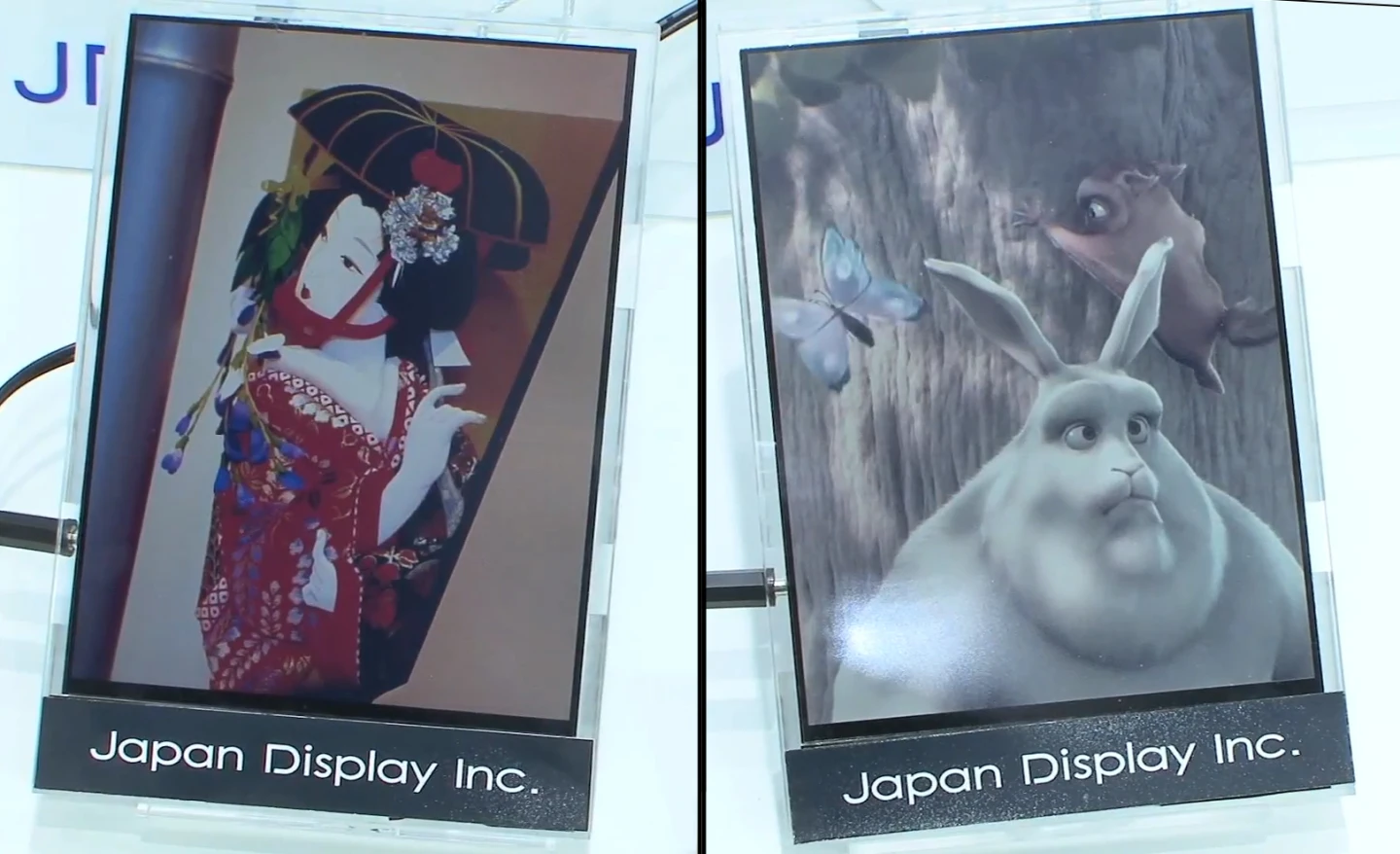 The high color gamut version (left) alongside the conventional version (right) of Japan Display's reflective LCD