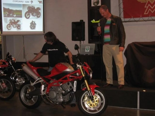 Moto Galleria manager Dean Tomaselli and importer Paul Nobbs unveil the Corsaro.