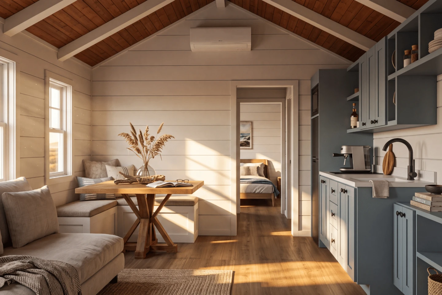 The Winslow Park Model Tiny Home includes a dining area with L-shaped storage-integrated seating and a dining table