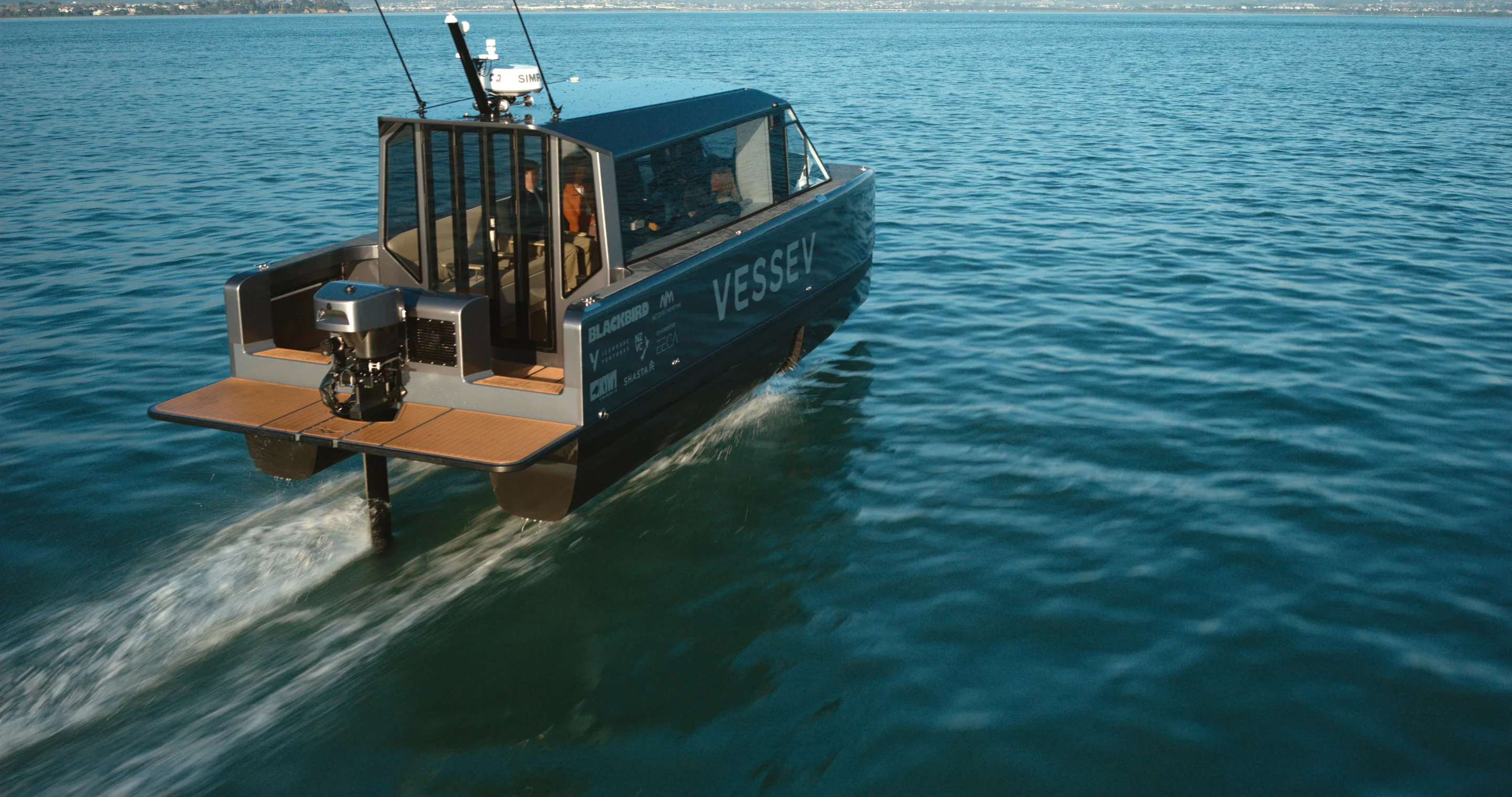 An electric propulsion system plus hydrofoil technology adapted from America's Cup yachts make for a clean, quite and smooth flight above the waves