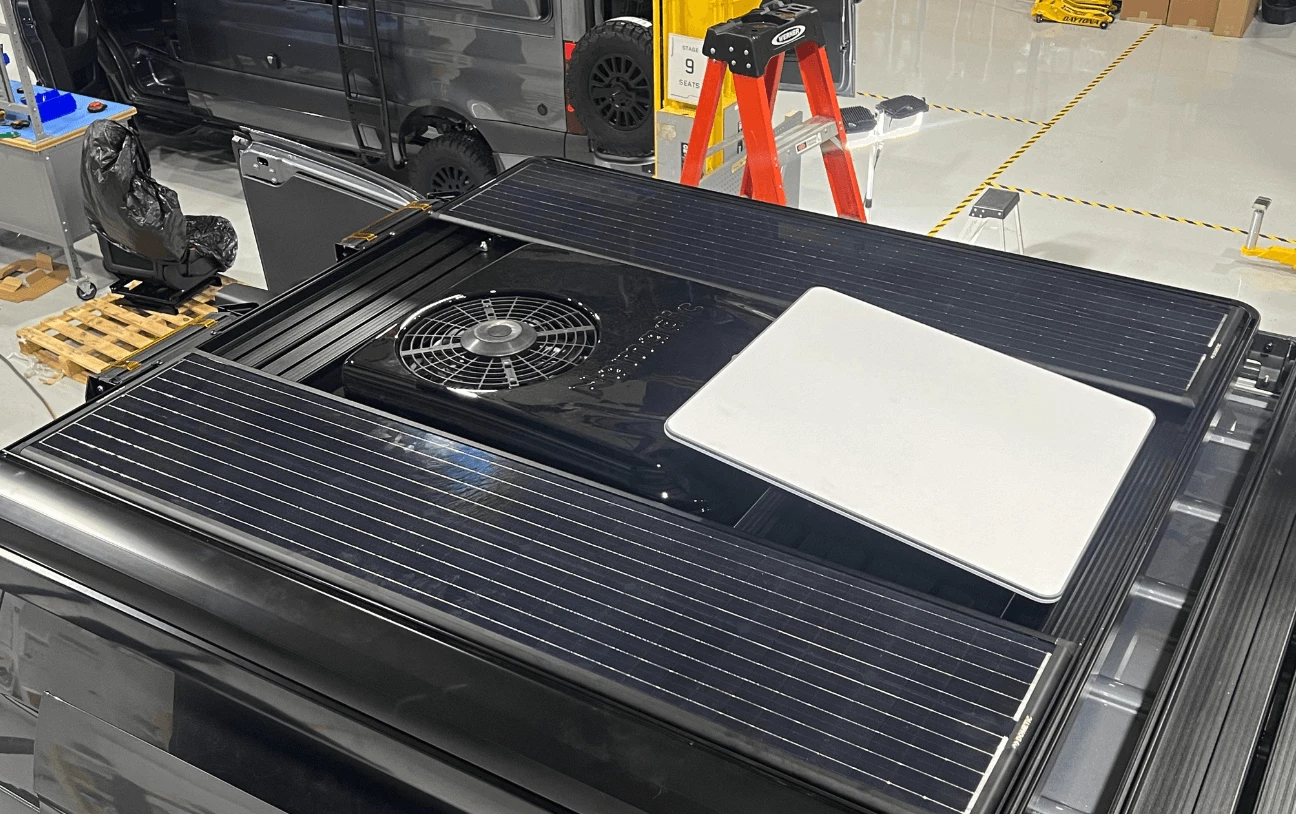 Every Remote van includes a Starlink satellite dish, solar charging, a roof fan and a Front Runner roof rack