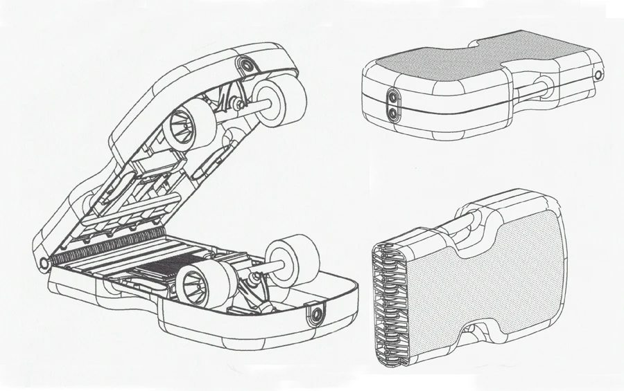 The Caseboard is an electric skateboard that folds in half for carrying like a briefcase when not rolling about