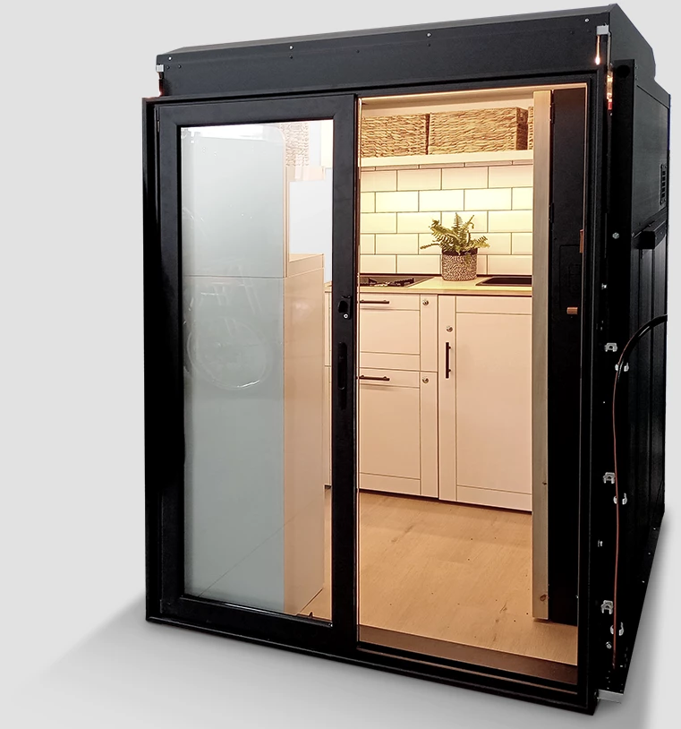 The kitchen module includes the usual stove, sink and fridge, but also an available shower and portable toilet
