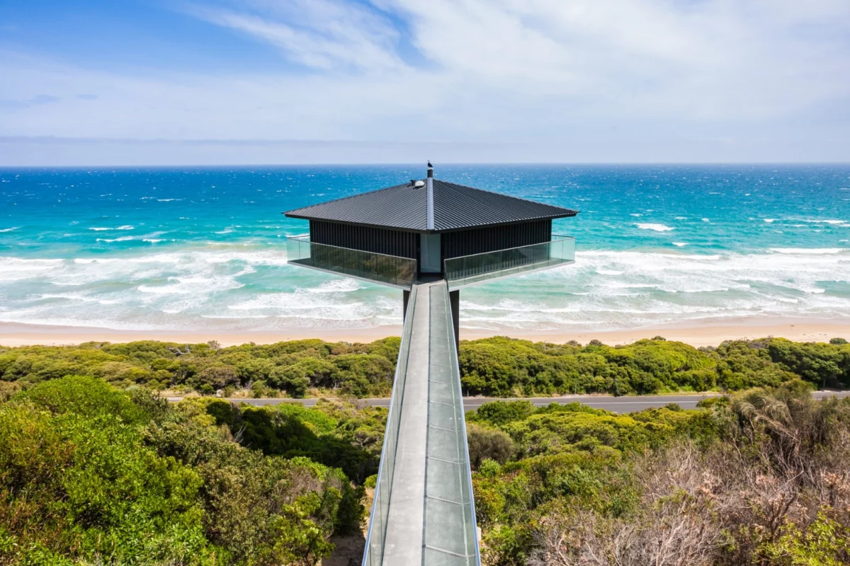 The Pole House is one of Australia's most iconic houses, found along the Great Ocean Road off the south coast of Victoria. Originally built in the 1970s, and recently renovated, the house has survived three major bushfires and is currently available to the public for short-term holiday rentals