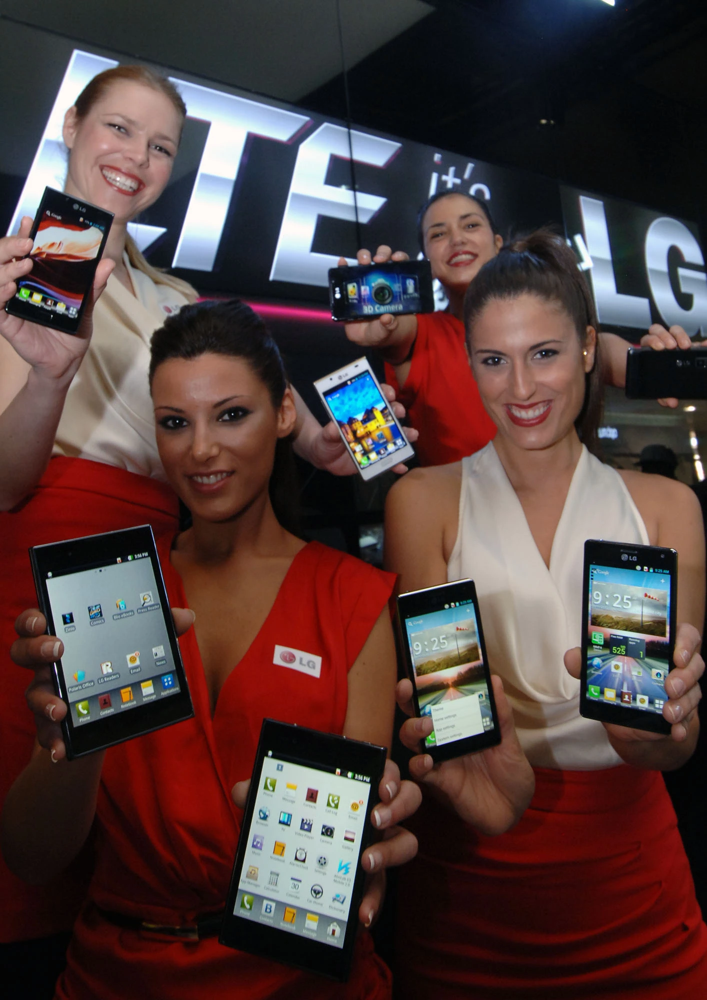 LG Optimus Vu: (bottom left), LG Optimus 4X HD (bottom right), LG Optimus 3D Max (top right) and LG Optimus L7 (top left)