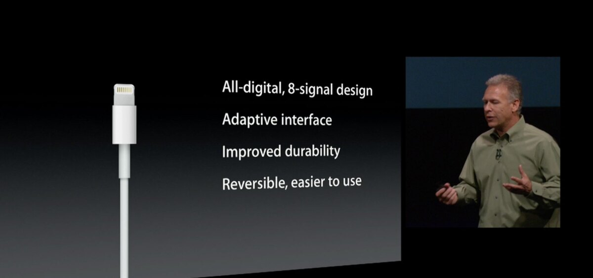 Apple VP of worldwide marketing Phil Schiller introduces the Lightning connector at the iPhone 5 launch event in September 2012
