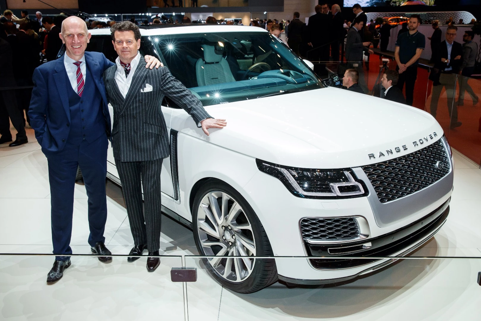John Edwards, Special Operations Director and Gerry McGovern, Land Rover Design Director pictured with the Range Rover SV Coupé at the Geneva Motor Show