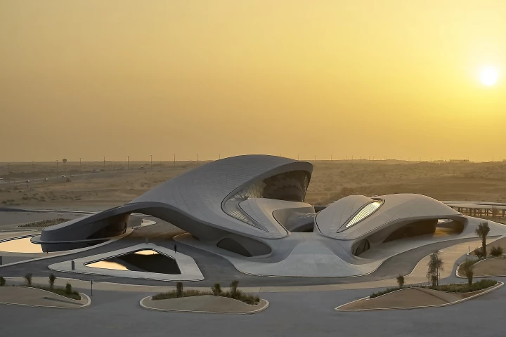Beeah Headquarters' design is classic Zaha Hadid with its curved glass fiber-reinforced concrete exterior