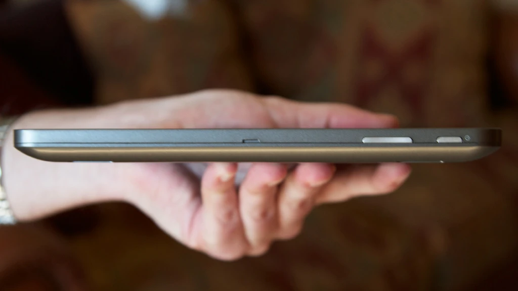 The volume rocker and power button on the right hand side of the Agora tablet