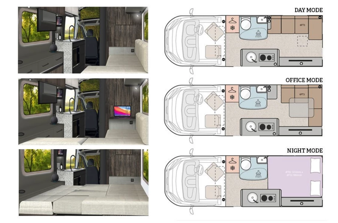 The three different configurations of the Bailey Endeavor EV's multipurpose rear lounge