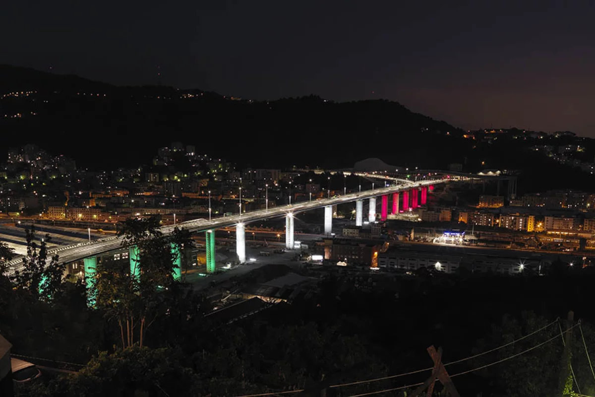 The Genova San Giorgio Bridge, shown illuminated with the colors of the Italian flag on its completion