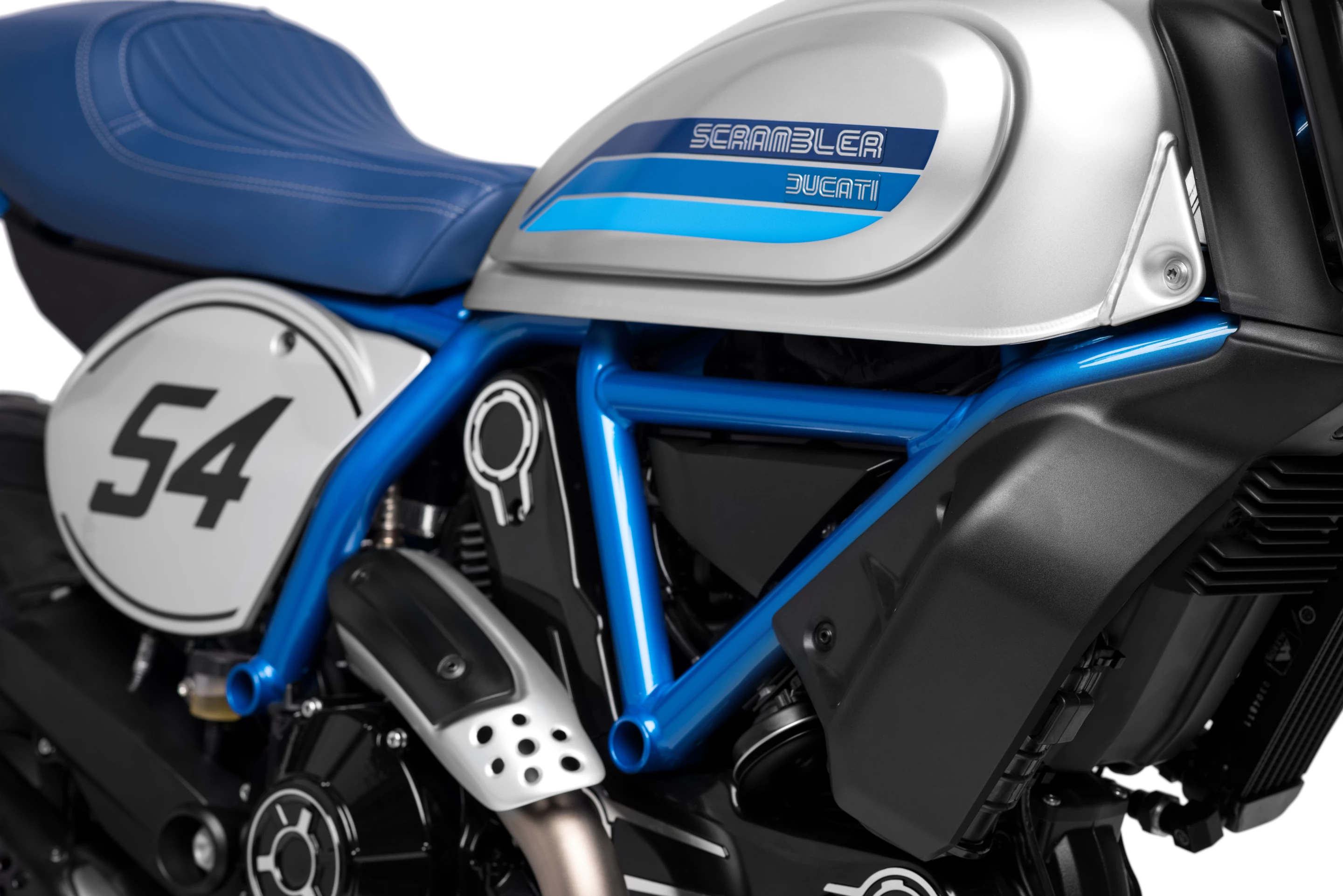 The number "54" on each side panel of the Café Racer honors road racer Bruno Spiaggiari