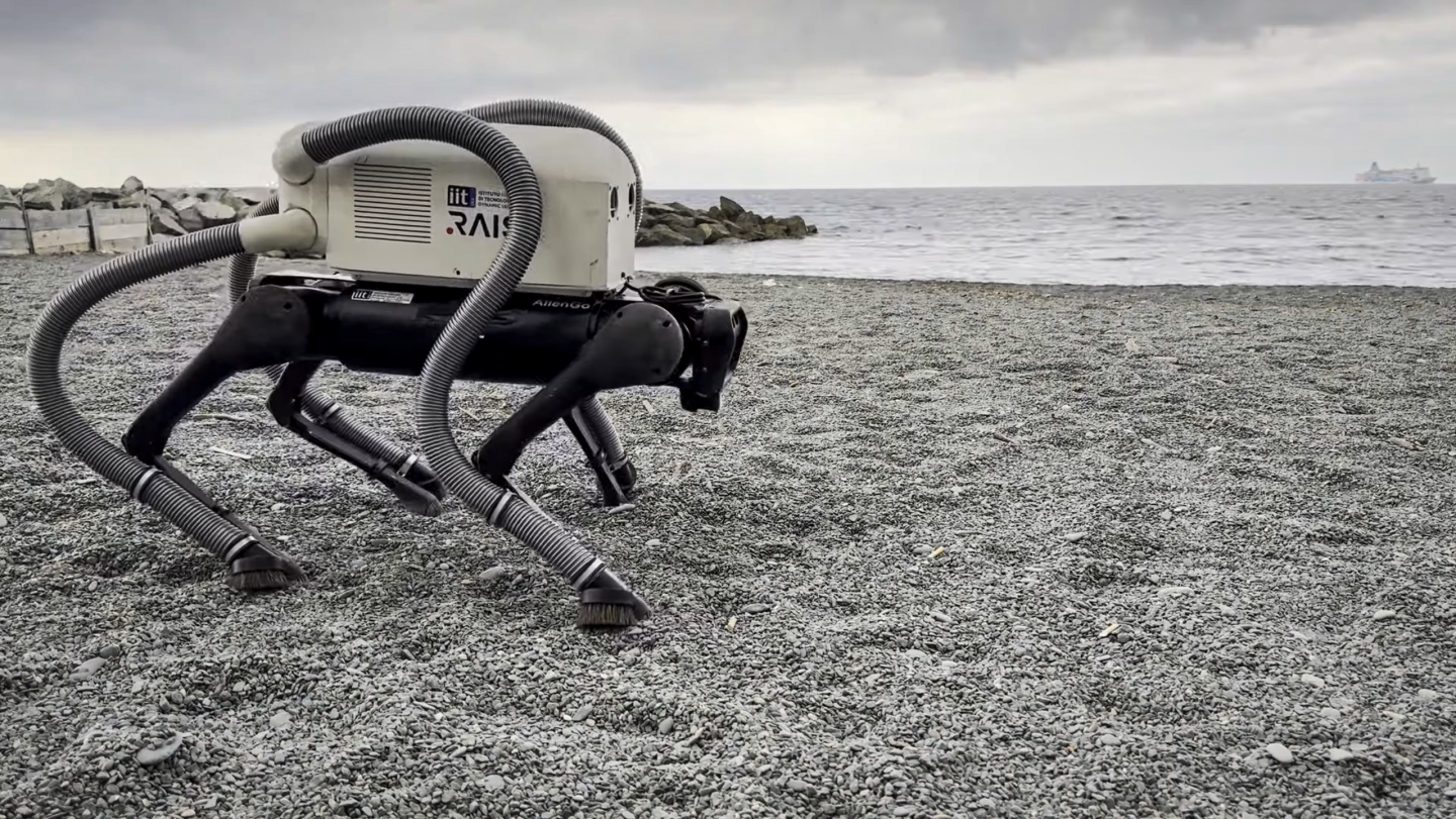 The VERO vacuum robot hunts for cigarette butts on a pebbled beach
