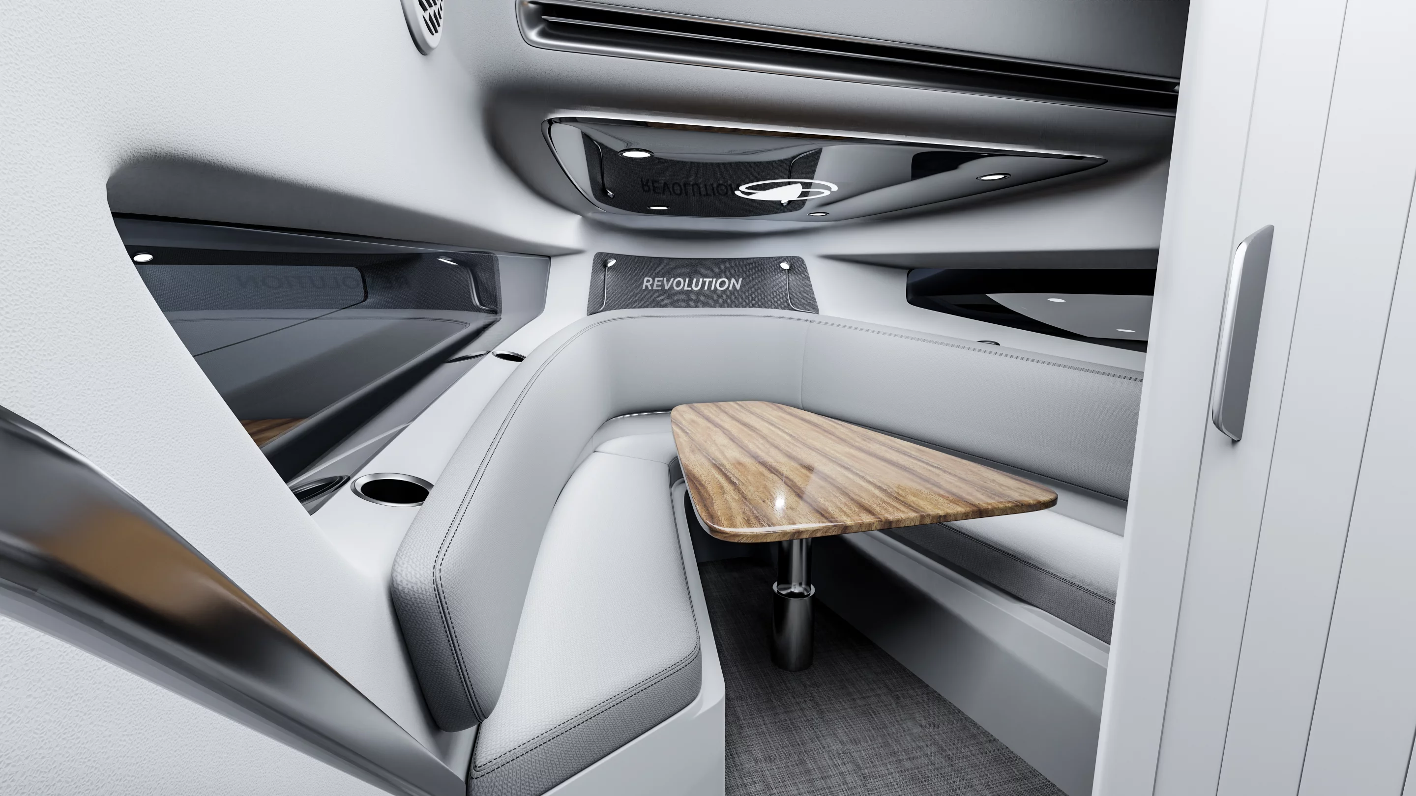 The cabin's flexible interior can serve as entertainment room, dining area or sleeping space