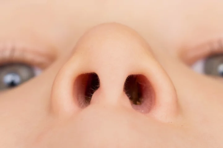Looking up a baby's nose