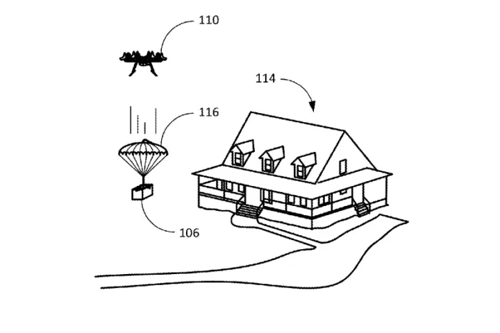 Amazon has been awarded a patent for a parachute that folds up inside a shipping label, to allow delivery drones to drop items from above