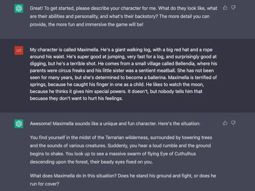 ChatGPT DMs a custom role-playing game set in the world of the video game Terraria