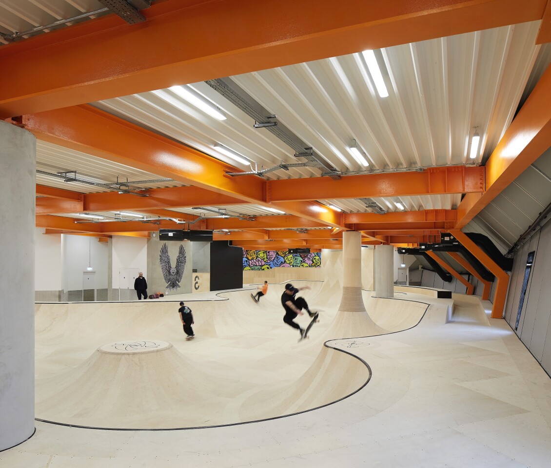 F51's third floor features plywood obstacles and bowls, and is arranged with sloping areas so that the skater doesn't have to take their feet off the board to push