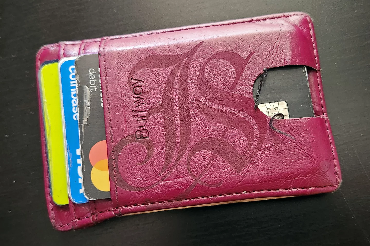 I put my initials on my cheap, fake leather wallet. It took about 40 seconds