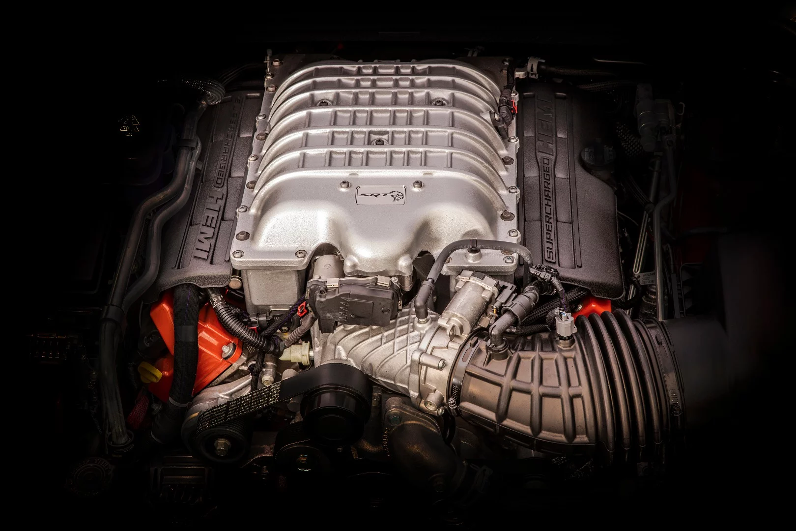 The supercharged engine in the Jeep Grand Cherokee Trackhawk