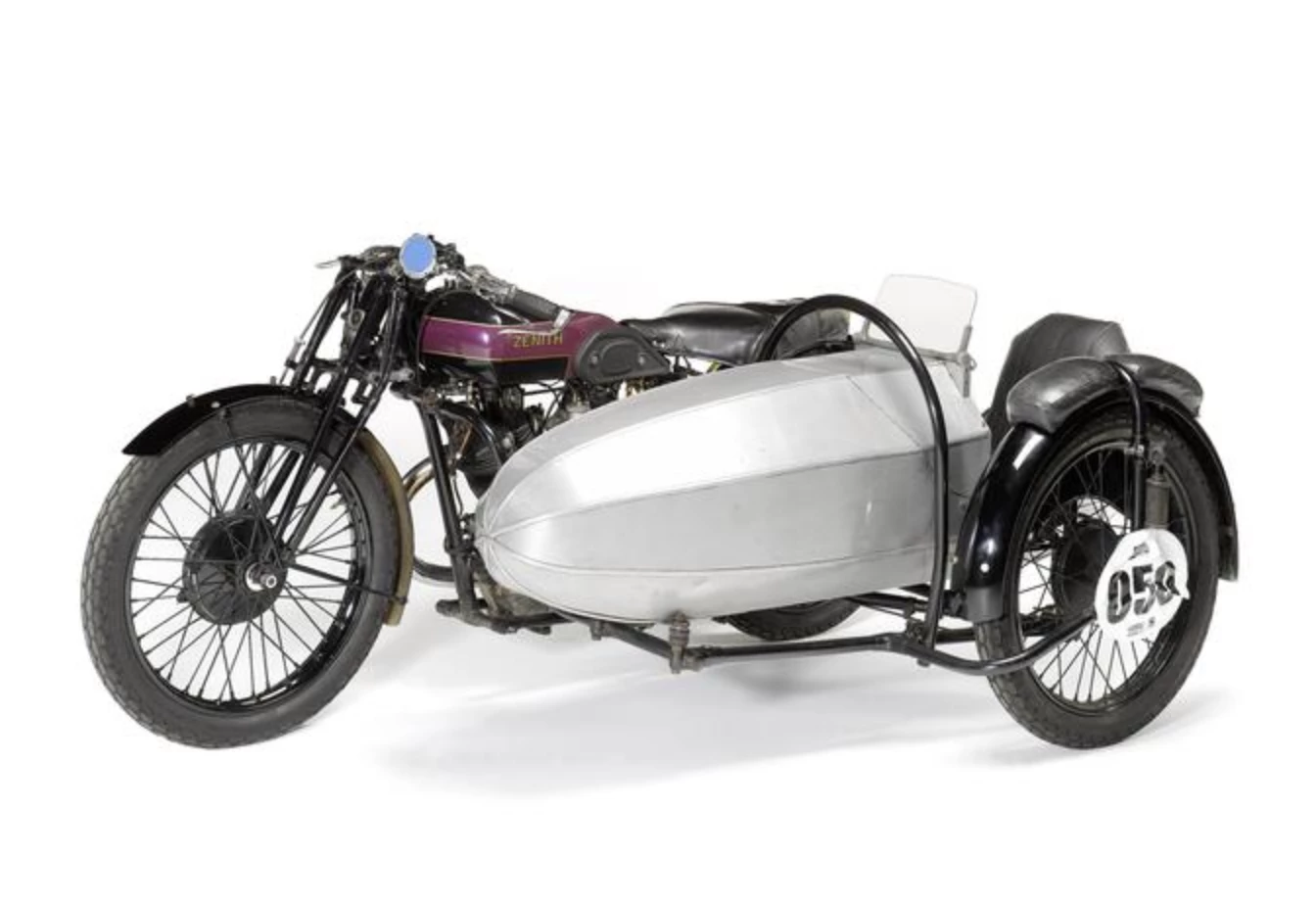 Dating from Zenith’s heyday, this magnificent 1927 Zenith-JAP 8/45hp was supplied new via Blay’s of Twickenham to Roland Martin in April 1927 and later was united with its AJS-manufactured Graiseley TT Model 259 racing sidecar. The entire outfit sold for GBP177,500 (US$319,653) by Bonhams in September 2008.