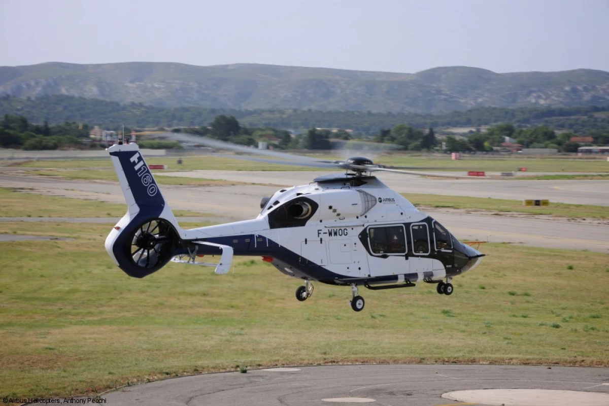 The Airbus H160 being taken on its first flight, at Le Bourget Airport outside of Paris