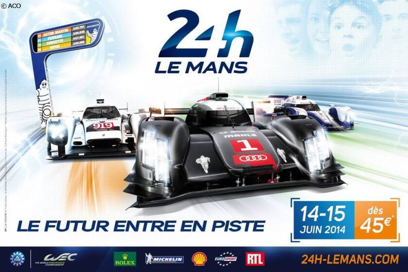 The 2014 Le Mans 24 Hour Race poster reflects the battle of the three hybrid marques