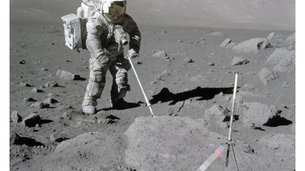 Astronaut Harrison Schmitt at work during the Apollo 17 mission