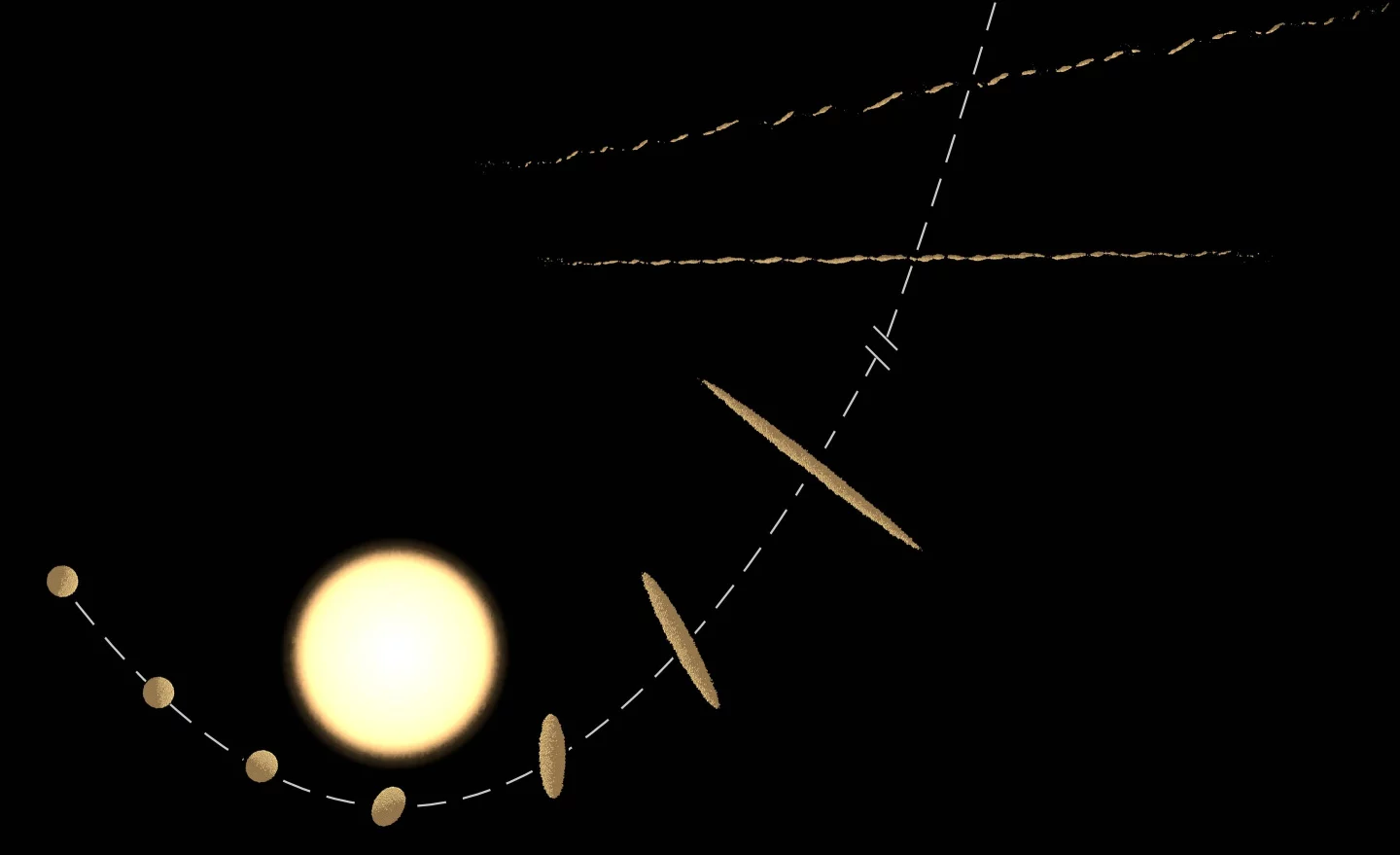 A diagram demonstrating the tidal disruption process that can create elongated objects like 'Oumuamua