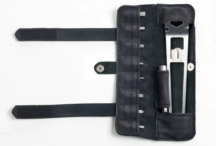 The Nutter's carrying pouch is made from leather and recycled inner tubes
