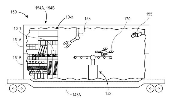 A cross-section of the delivery car, complete with a robot arm that picks items from storage, loads them onto the drone and launches it