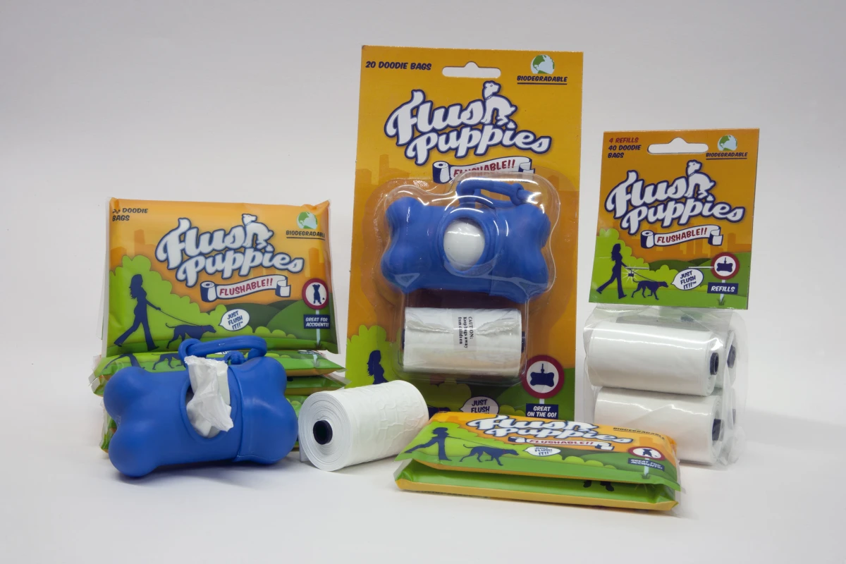 Flush Puppies are dog waste bags that dissolve when flushed down the toilet