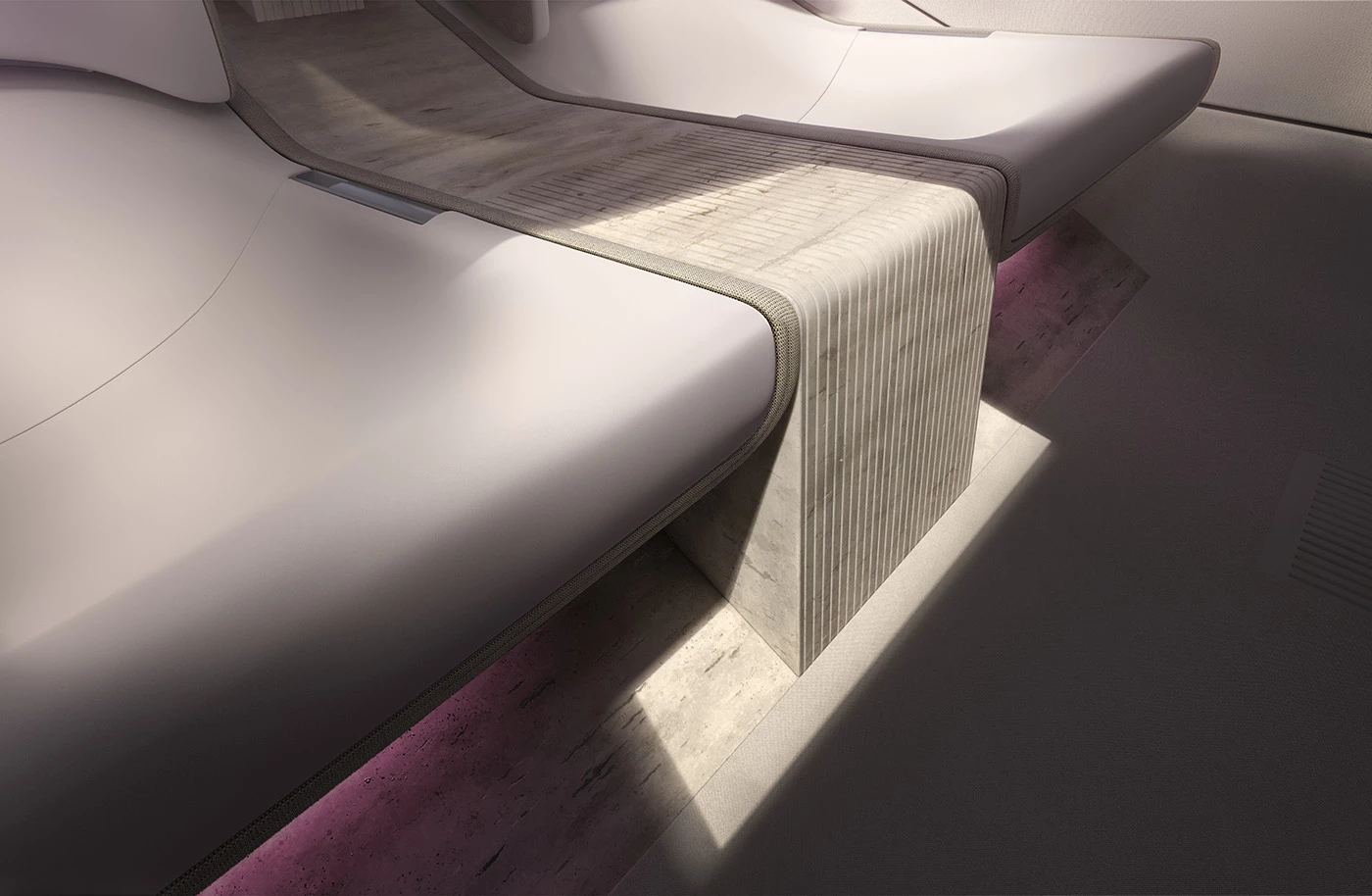 A stone plinth in the cabin's center supports the Type 00's floating seats