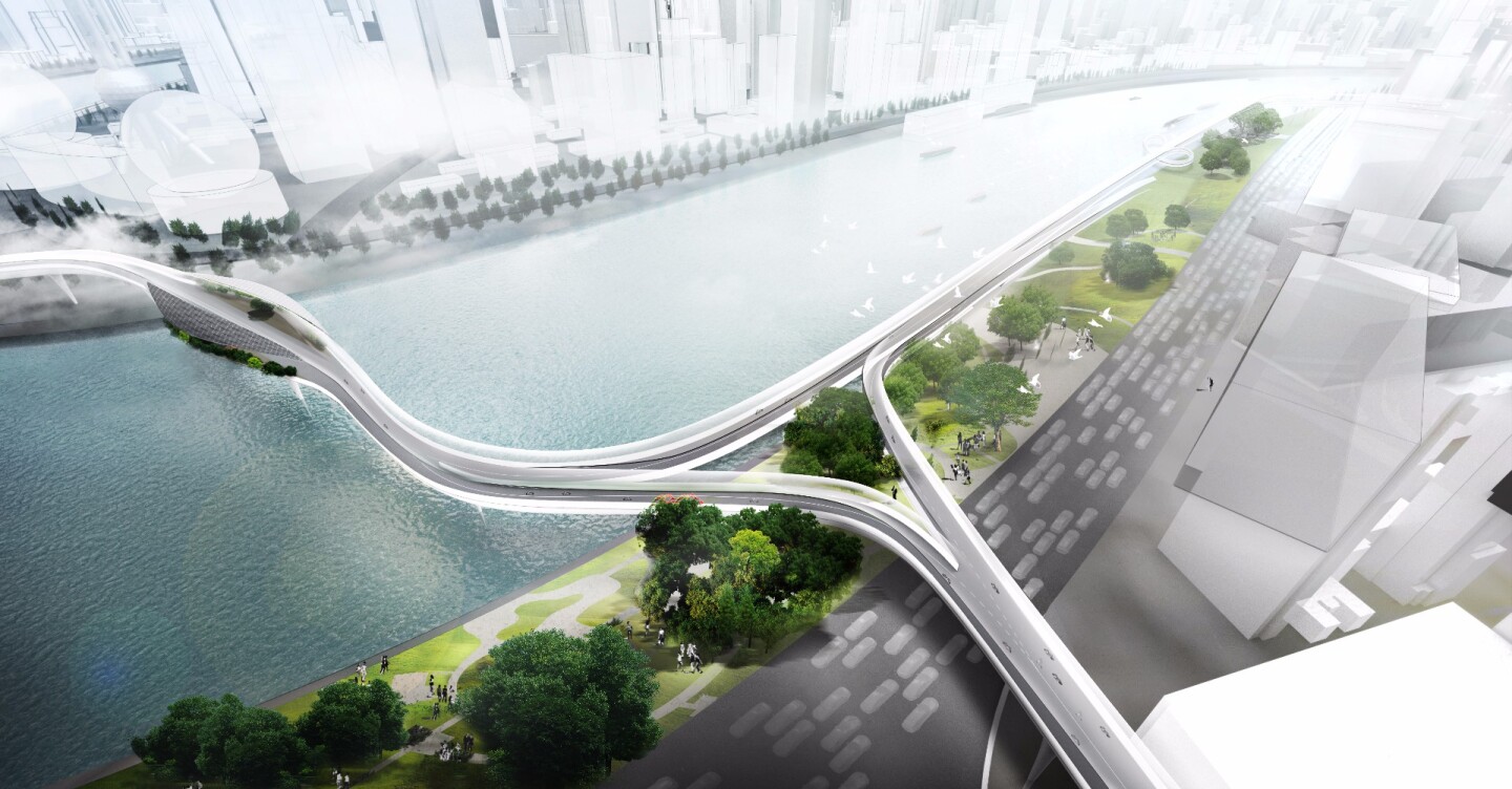 BMW's Vision E³ Way: elevated roadways will connect major transit stops