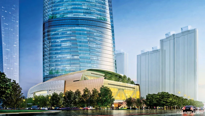 The facade sports 270 wind turbines that provide the power needed for all external lighting