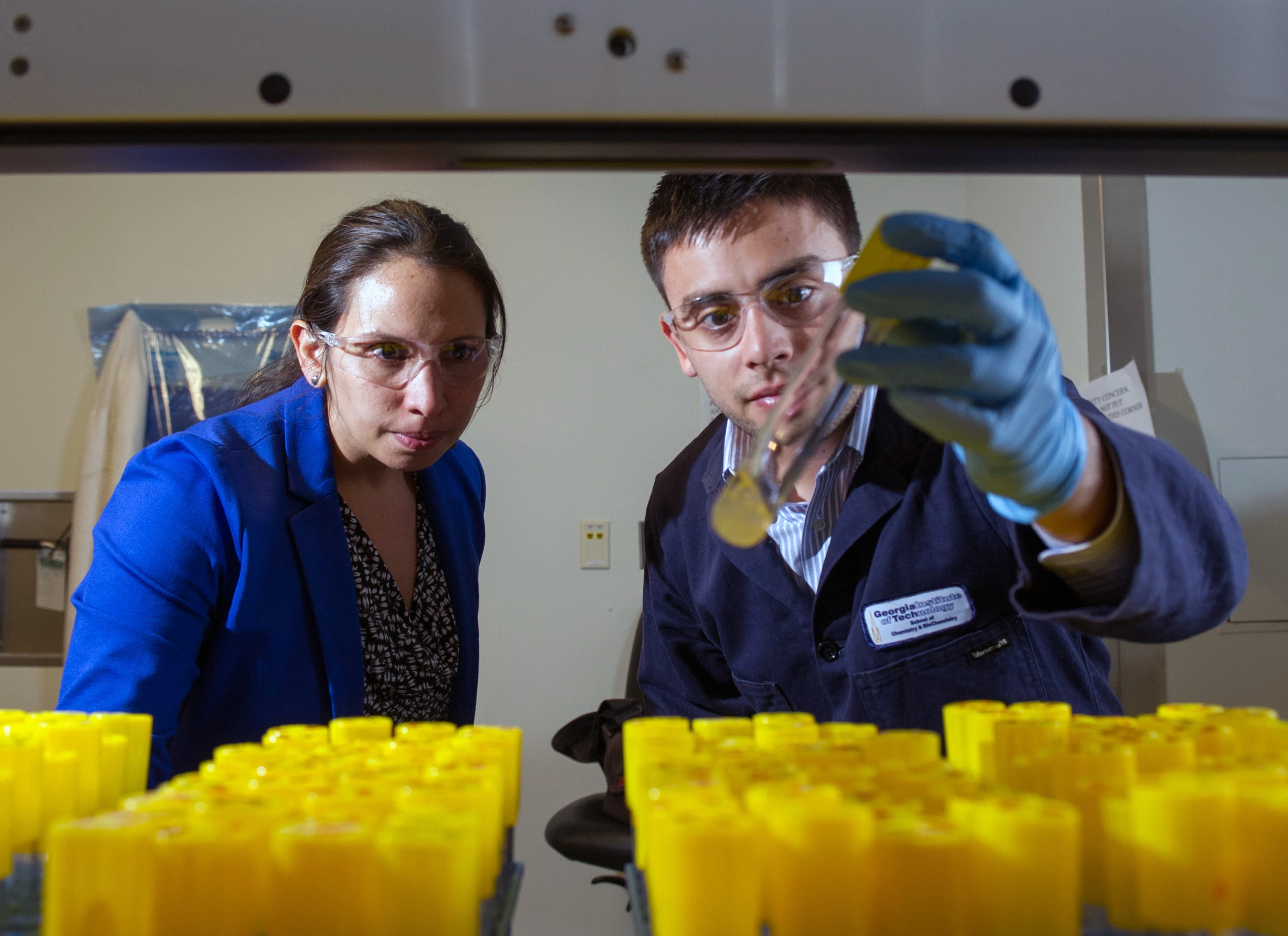Georgia Tech researchers Pamela Peralta-Yahya and Stephen Sarria examine the production of the hydrocarbon pinene in laboratory test tubes (Photo: Georgia Tech/Rob Felt)
