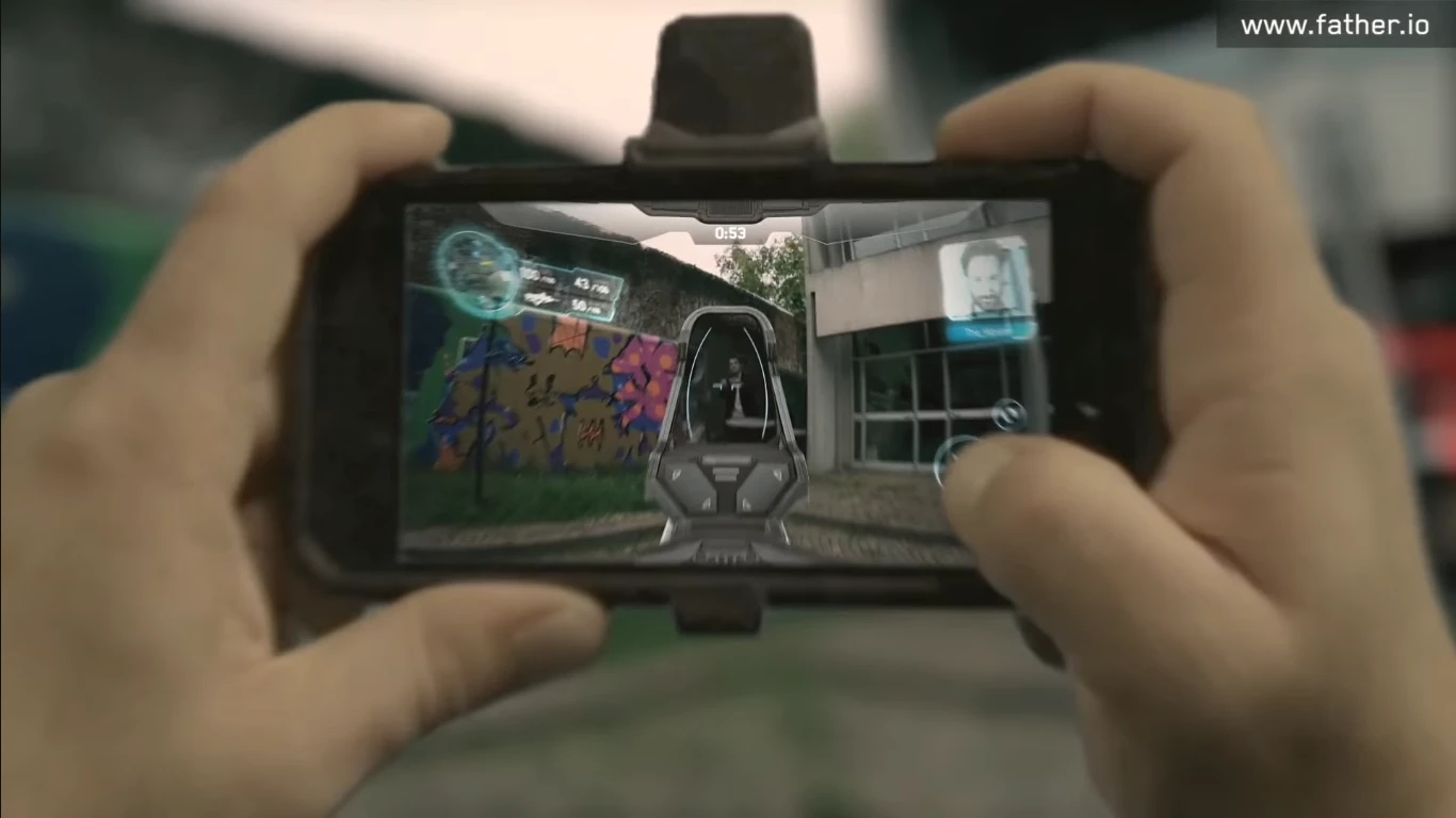 Your phone's screen superimposes a first-person shooter interface atop the real world