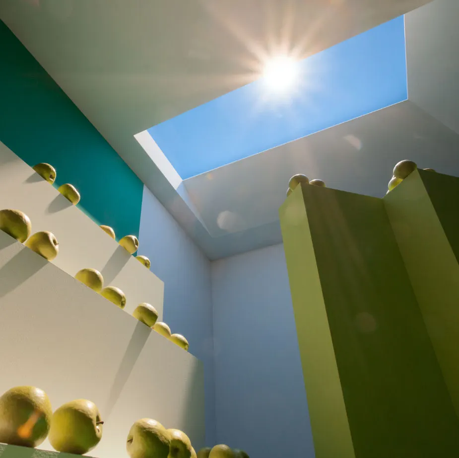 A complex optical system creates an almost 3D sensation of distance and space between the faux sky and the sun