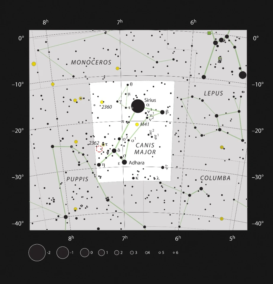 Starmap displaying the location of VY Canis Majoris as a small dotted circle within the constellation Canis Major