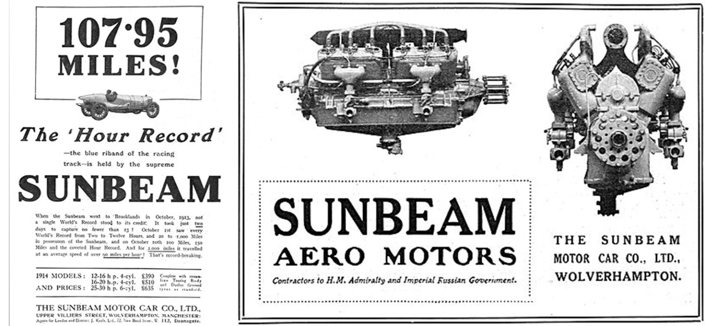 Sunbeam's new V12 of 1913 was far more powerful than anything previously fielded by the marque, effectively mating two of the record-breaking six-cylinder engines onto an aluminum crankcase for an engine displacing 9 liters (550 cu in) and producing 200 bhp (150 kW) at 2,400 rpm.
