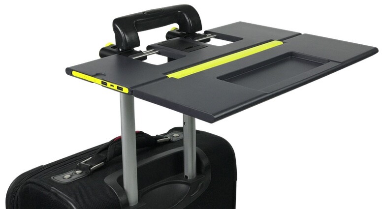 The Smartoo folds up when not in use, and has an adjustable-width dual clamping mechanism that reportedly allows it to fit on most popular suitcases