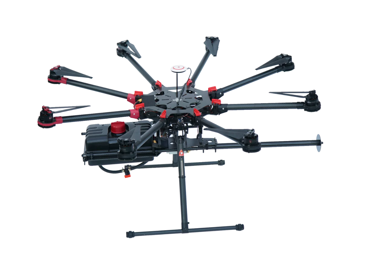 The TF-19 Wasp drone flamethrower attachment is shown here mounted on a commercial grade, professional drone with a five-pound-plus payload rating