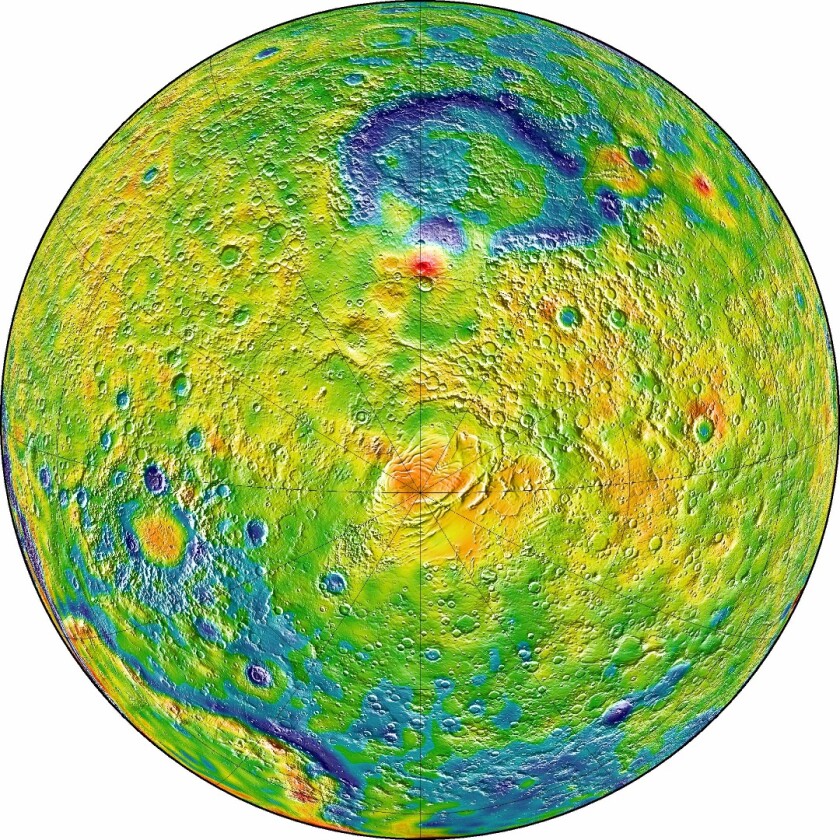 Gravity map of mars from the perspective of the Red Planet's southern polar region – red and white regions indicate high gravity areas, while blue represents low gravity areas