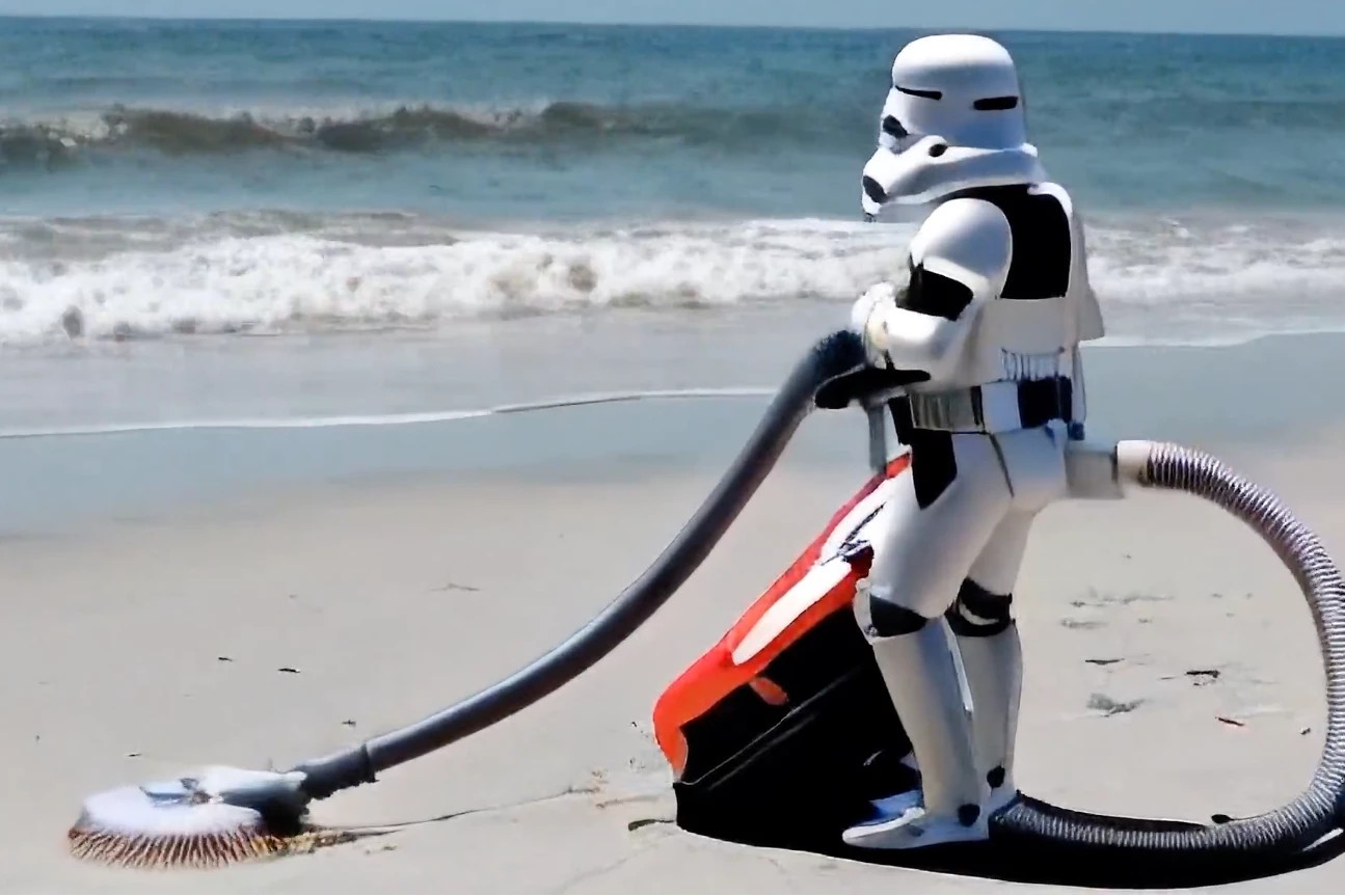 A stormtrooper vacuums at the beach ... except the vacuum head is a pool cleaner and it's plugged into his butt. We live in interesting times