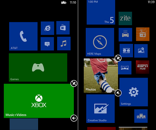 Tap and hold a tile until you see the pin and arrow icon to customize their size and placement on the screen