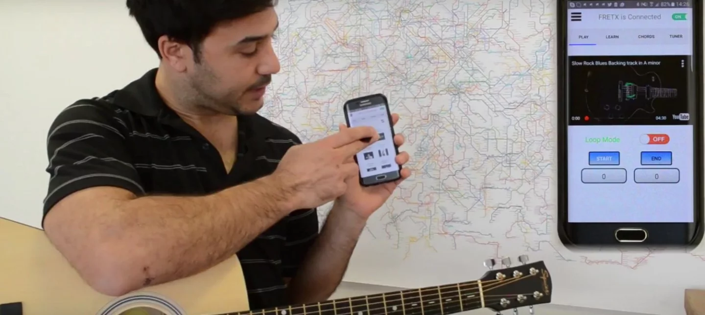 The FretX system is capable of demonstrating chords from YouTube videos on the FretX channel