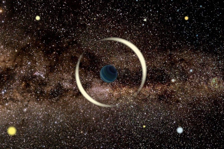 A simulated image of how microlensing works, where the gravity of a foreground planet distorts the light from a background star