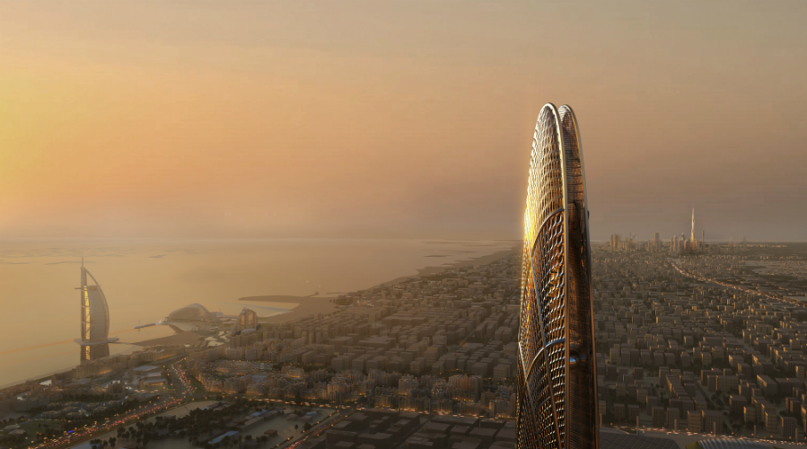 The Burj Jumeira should not be confused with the Burj Al Arab Jumeirah nearby (the sail-like building visible to the left of the tower in this render)