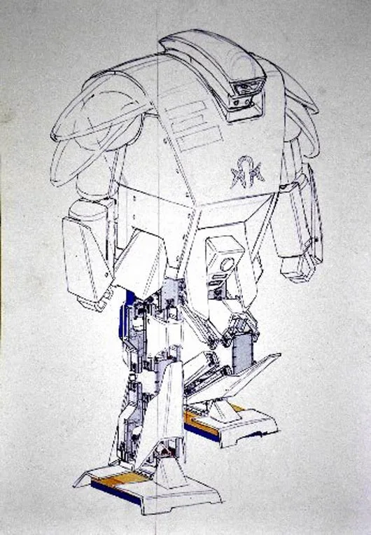 A concept sketch showing Hajime Sakamoto's 4 meter tall robot with upper body and arms